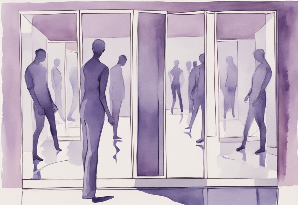 Minimalistic watercolor illustration of a person fixated on their reflection in a large mirror, with smaller mirrors reflecting others, highlighting the concept of narcissistic mirroring.