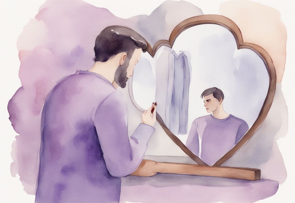 Minimalistic lavender watercolor illustration of a narcissist looking at his reflection in a heart-shaped mirror, exploring the theme are narcissists capable of love.