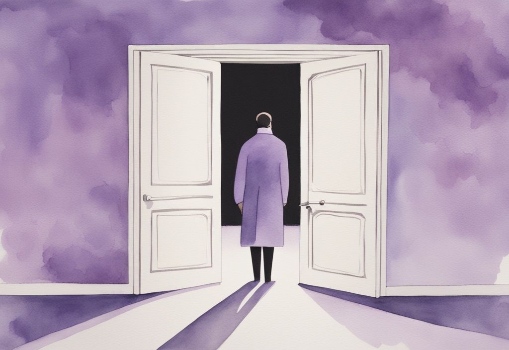 Minimalistic watercolor illustration of a masked figure representing narcissist's false self moving covertly between doors, symbolizing narcissist cheating patterns and infidelity.