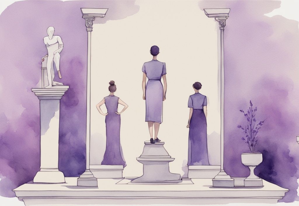 Minimalistic lavender watercolor illustration of a person on a pedestal admiring themselves in a mirror, with onlookers gazing up in awe.