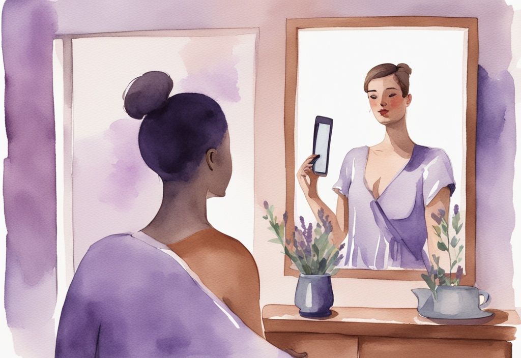 Minimalistic lavender watercolor illustration of a woman admiring herself in a mirror while her husband tries to get her attention in the background