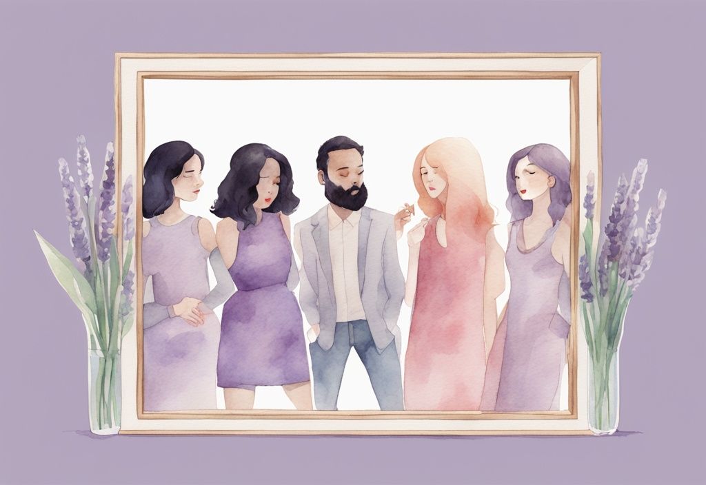 Minimalistic watercolor illustration of fictional characters in lavender theme, posing in mirrors, highlighting vanity and self-love.