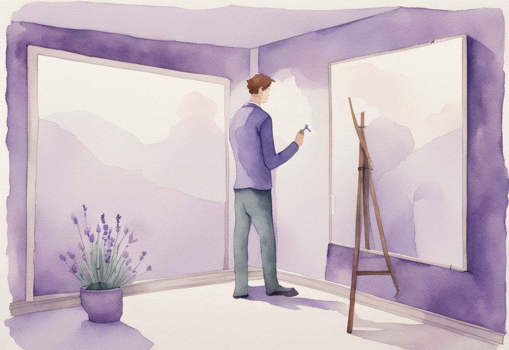 Minimalistic watercolor illustration of a man admiring himself in a mirror with puppeteer's strings attached, depicting how to manipulate a narcissist, lavender color theme.