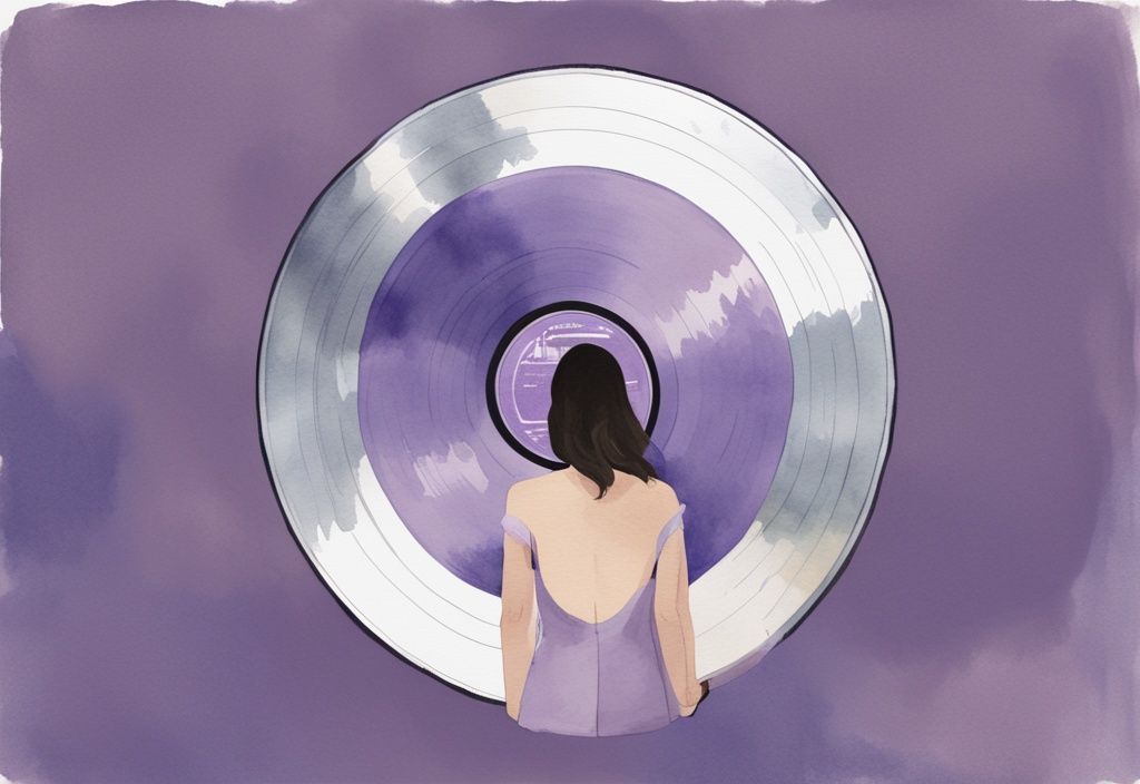 Minimalistic lavender watercolor illustration of a woman reflected in a mirrored vinyl record with subtle lyrics about loving a narcissist.