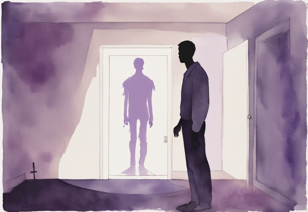 Minimalistic watercolor illustration of a menacing figure towering over a frightened figure in a shadowy room, with lavender color theme; arrows highlight a smirk, dismissive hand gesture, and intense gaze.