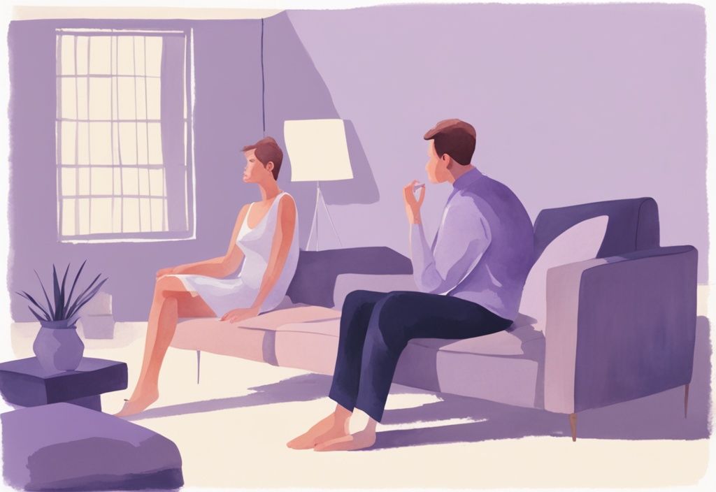 Minimalistic watercolor illustration of a frustrated woman sitting on a couch with a man fixated on his mirror image, highlighting the question "is my boyfriend a narcissist".