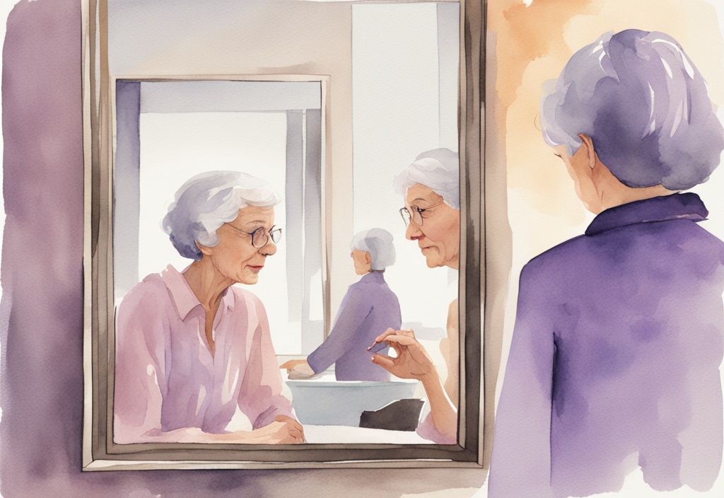 Minimalistic watercolor illustration of a narcissistic mother-in-law admiring her reflection, ignoring a young couple in the background, lavender color theme.