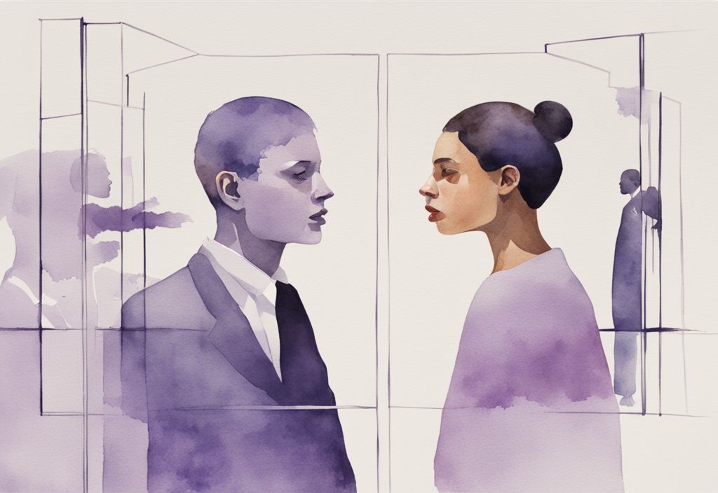 Minimalistic watercolor illustration of a woman demonstrating mirror mechanisms to a perplexed man, showcasing how to confuse a narcissist with multiple reflections, main color theme lavender.