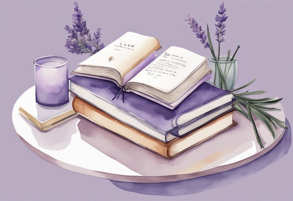 Minimalistic watercolor illustration of self-improvement and self-love books for narcissists on a reflective table, featuring one book with a mirror on its cover.