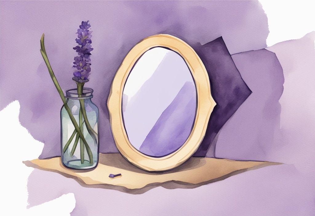 Minimalistic watercolor illustration with lavender theme, narcissist symbol mirror, crumpled paper icon.