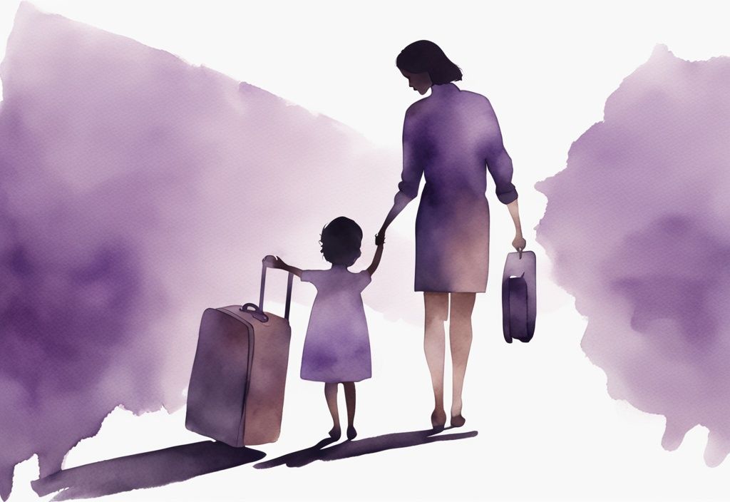 Minimalistic watercolor illustration of a determined woman holding her child's hand with a suitcase, symbolizing leaving an unhealthy relationship, lavender theme