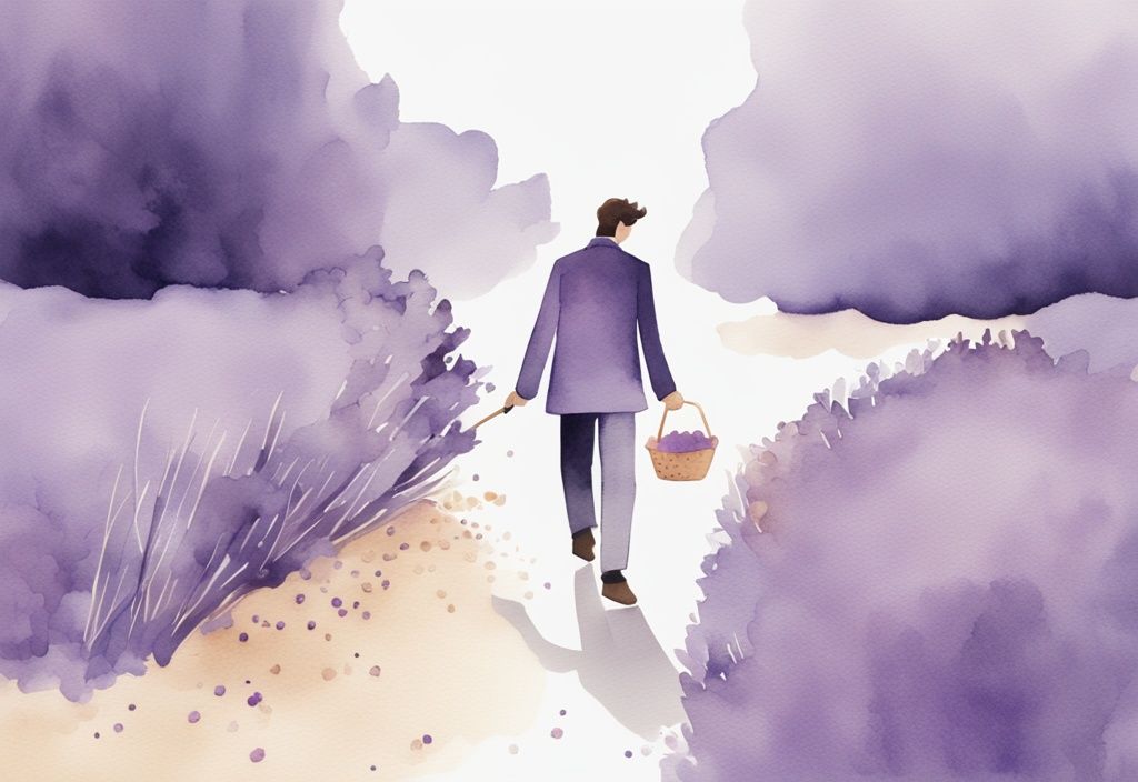 Minimalistic watercolor illustration of narcissist breadcrumbing, showing a confident person walking ahead while another individual picks up breadcrumbs behind, with a lavender color theme.