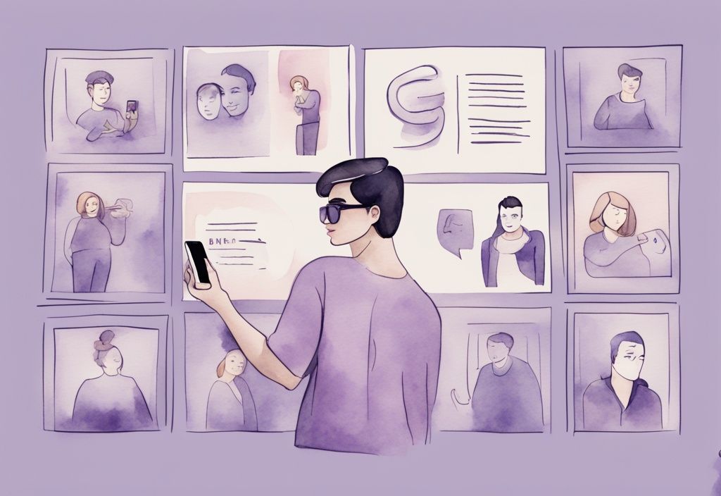 Minimalistic lavender watercolor illustration of a character examining a social media profile with excessive selfies and motivational quotes, indicating narcissism.