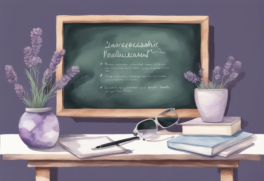 Minimalistic watercolor illustration in lavender theme featuring a chalkboard with interesting facts about narcissistic personality disorder, a brain sketch, and glasses at the corner.