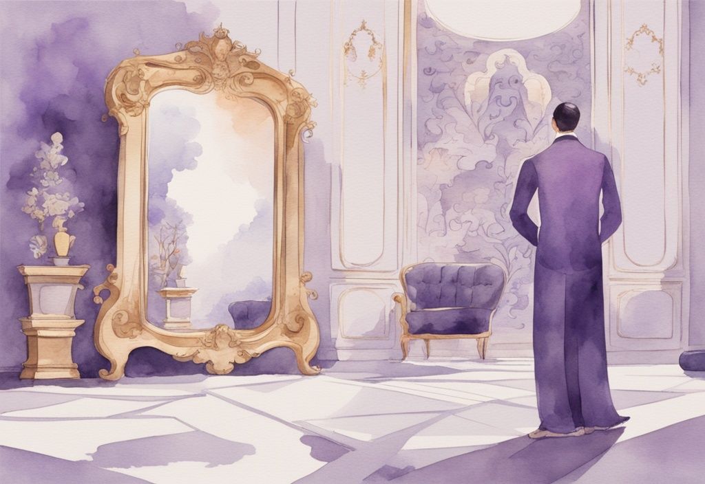 Minimalistic lavender watercolor illustration of a figure admiring its reflection in a grandiose, oversized mirror, surrounded by symbols of wealth and fame, depicting grandiose narcissism.