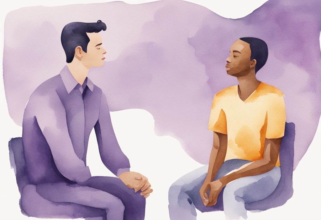 Minimalistic lavender watercolor illustration of a confident person calmly and assertively talking to a vain, self-absorbed individual, depicting how to make a narcissist respect you.