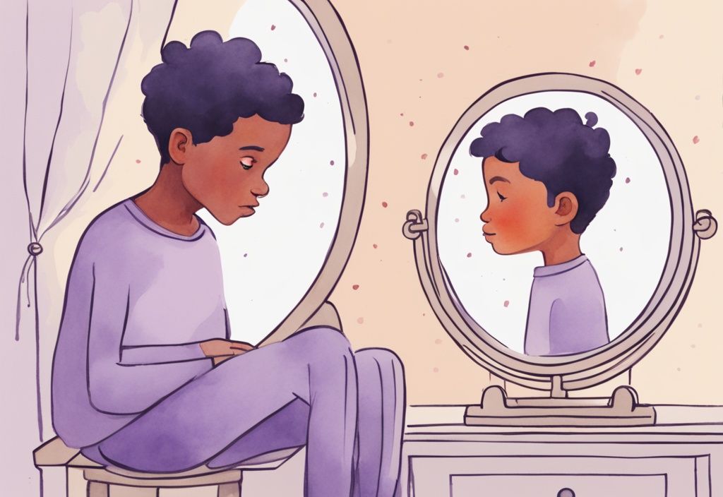 Minimalistic watercolor illustration of younger sibling annoyed as older sibling admires himself in a mirror, lavender color theme, self-love, narcissism