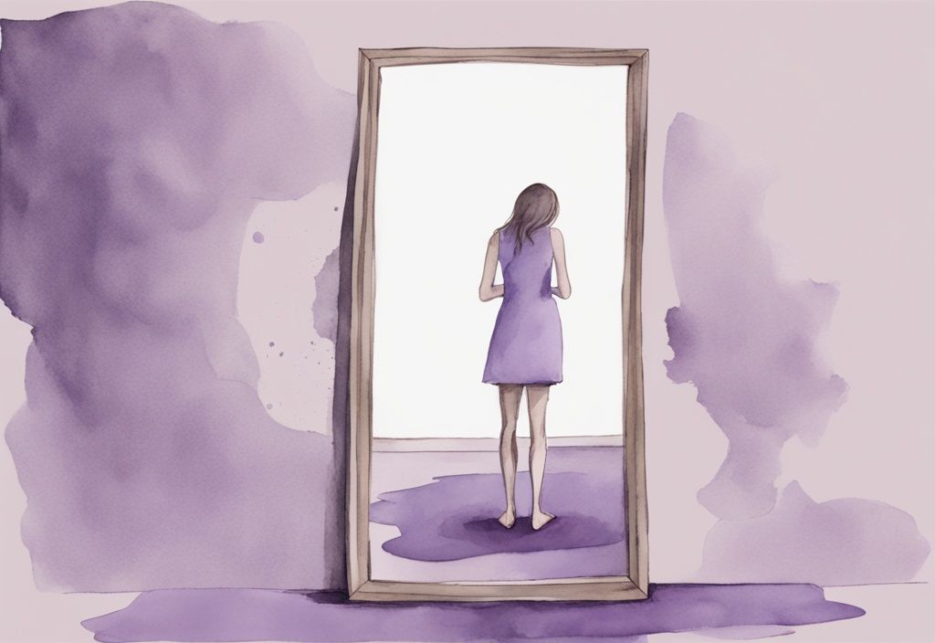 Minimalistic watercolor illustration of a mirror reflecting a distressed person with a smirking reflection, symbolizing narcissistic abuse examples, in a serene lavender color palette.