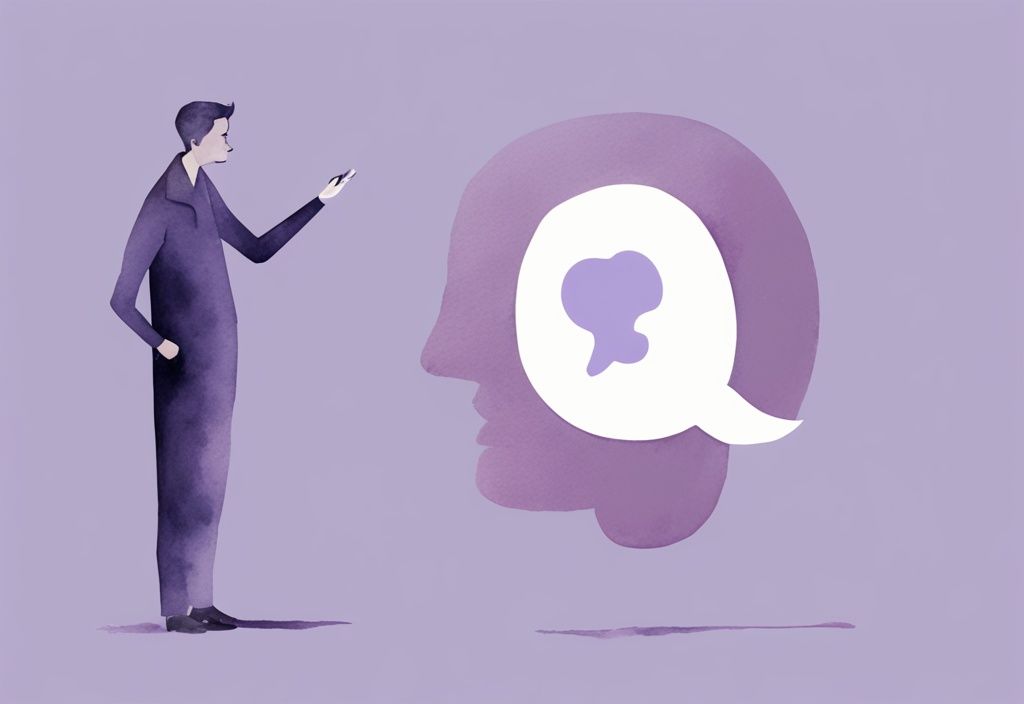 Minimalistic watercolor illustration in lavender showing a confident person with a speech bubble of 50 phrases to disarm a narcissist, while a frowning narcissistic character loses strength and power.