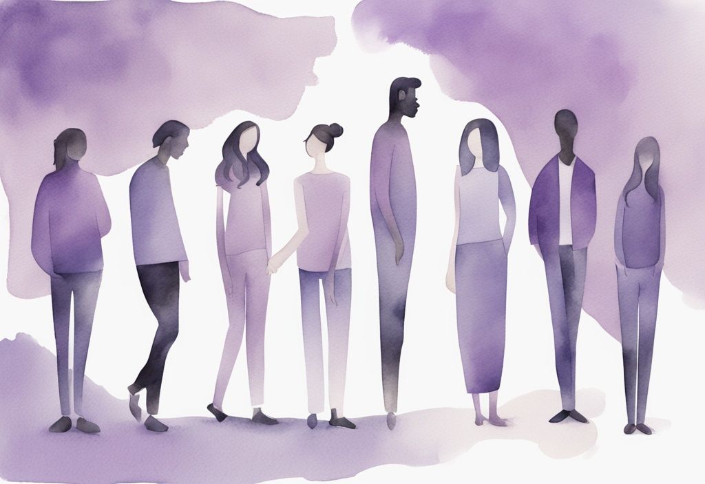 Minimalistic watercolor illustration of diverse people with various emotional expressions, symbolizing narcissistic victim syndrome symptoms, main color theme lavender