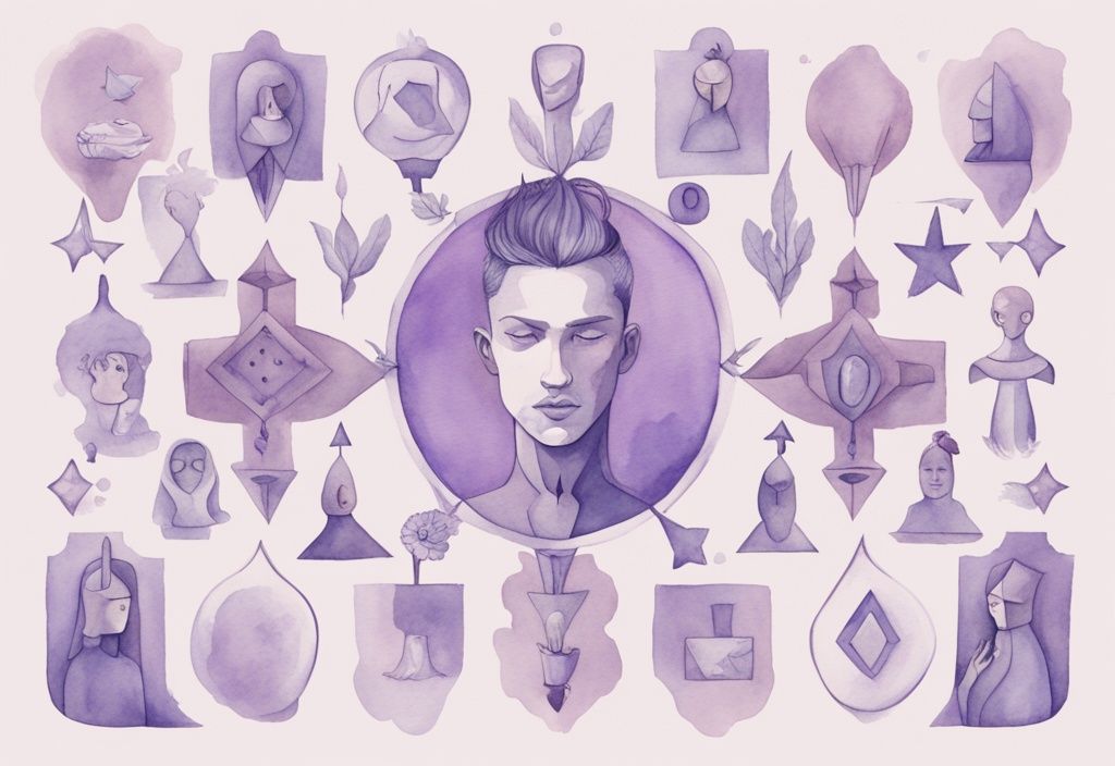 Minimalistic watercolor illustration in lavender showing a narcissistic individual surrounded by 12 symbolic icons representing the 12 traits of a narcissist.