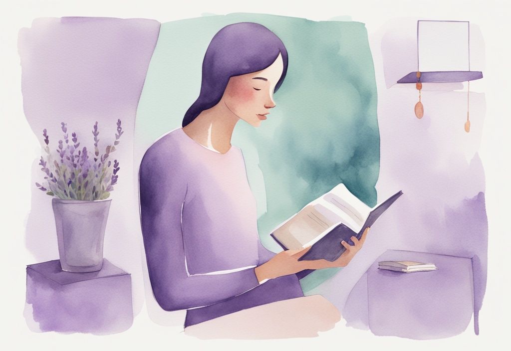 Minimalistic lavender watercolor illustration showing a mirror reflecting a person holding a book titled "Understanding Others," depicting the journey of how to stop being a narcissist.