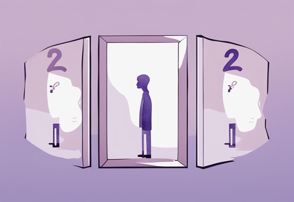 Minimalistic lavender watercolor illustration of a confused person with a question mark between two facing mirrors.