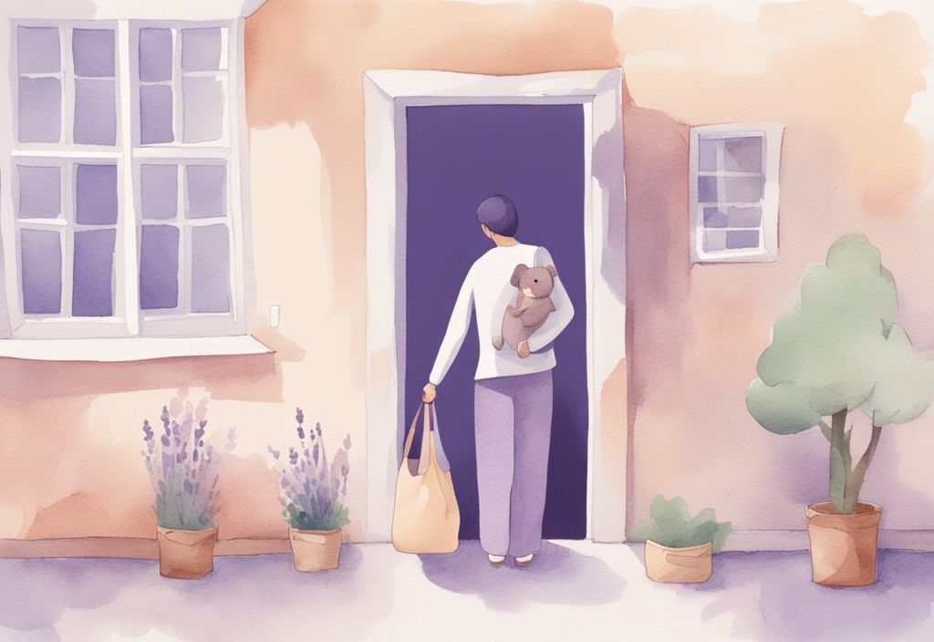 Minimalistic watercolor illustration of a single parent packing a bag, child hugging a stuffed toy nearby, closed door symbolizing hopeful future; how to leave a narcissist when you have a child together.