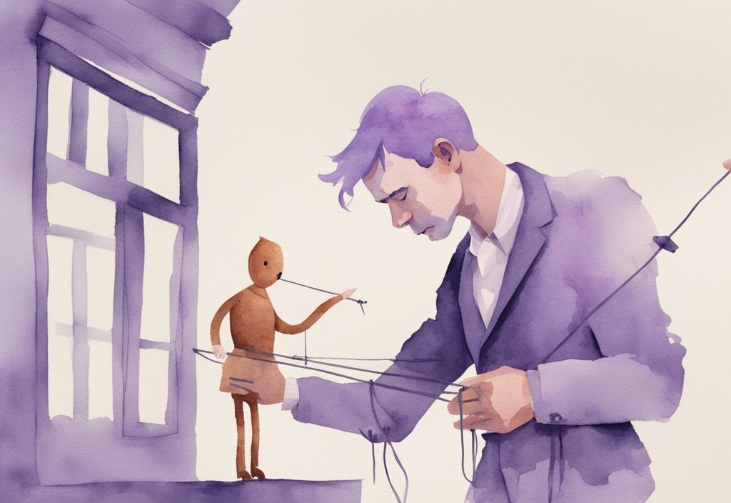 Minimalistic watercolor illustration of a man gingerly removing puppet strings from a character displaying exaggerated self-confidence, symbolizing how to take control away from a narcissist, with a lavender color theme.