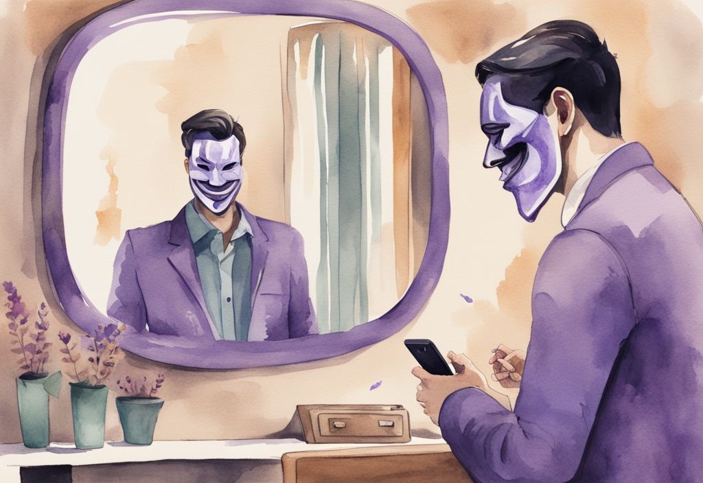 Minimalistic watercolor illustration of a man sneakily texting on his phone with a sinister mask-like reflection in the mirror, symbolizing covert narcissism and cheating, lavender color theme