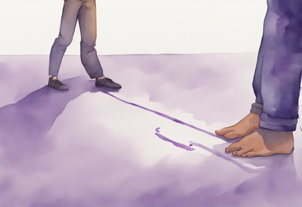 Minimalistic watercolor illustration in lavender theme showing a person drawing a bold line on the ground, symbolizing boundaries, in front of a self-focused individual, related to 10 ways to set boundaries with a narcissist.