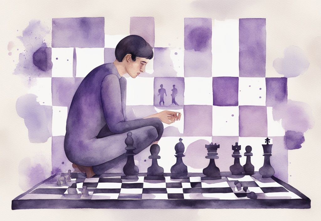 Minimalistic lavender watercolor illustration of a narcissist manipulating a chessboard with human pieces, representing 14 signs a narcissist is playing mind games with you.