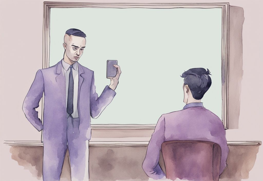 Minimalistic lavender watercolor illustration of a narcissist annoyed by an onlooker's indifference reflected in a mirror