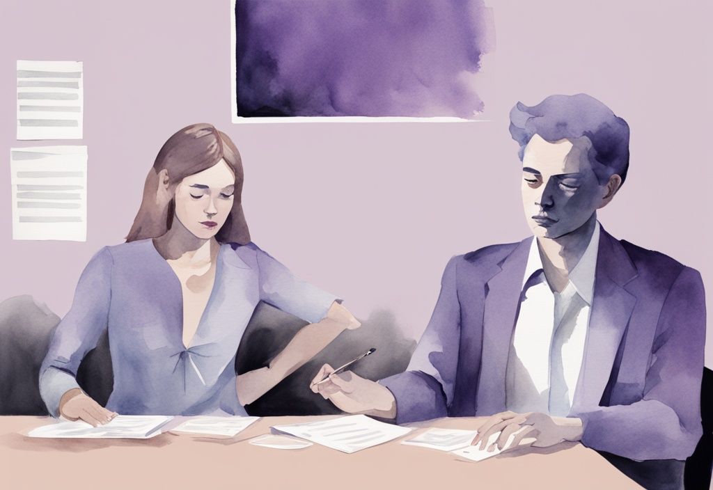 Minimalistic watercolor illustration of a woman calmly preparing for custody mediation with a narcissist, contrasted by a frustrated, argumentative man with exaggerated features.