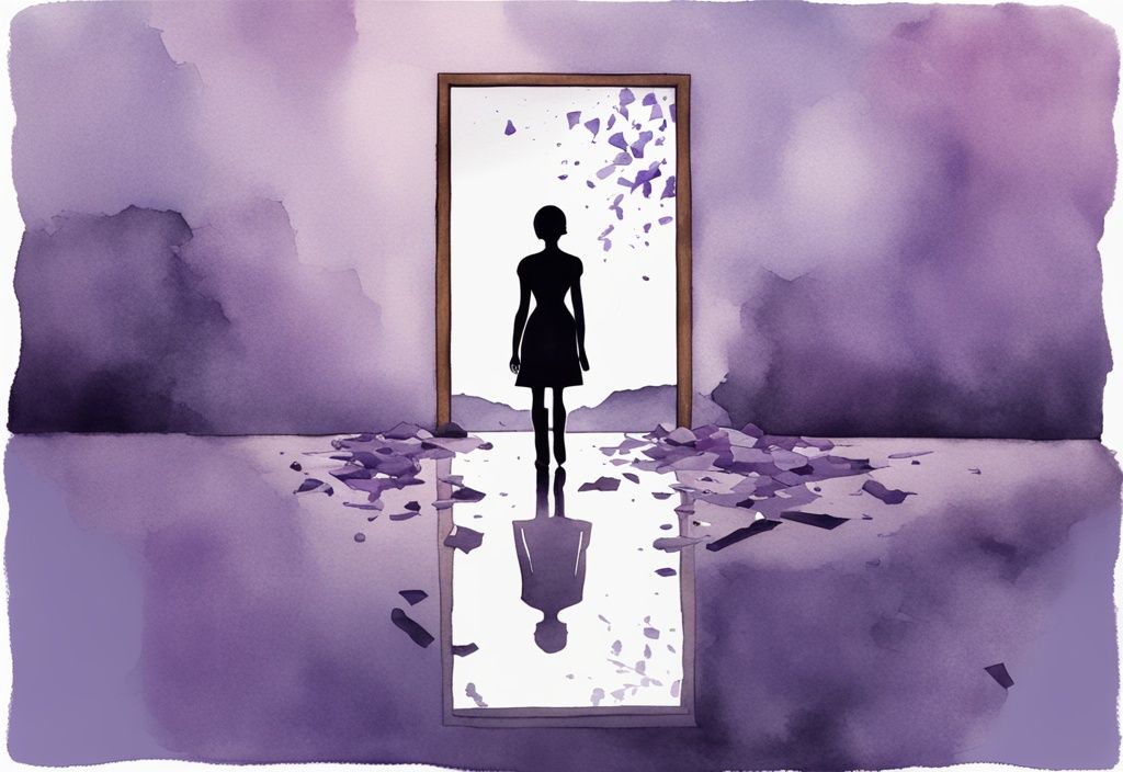 Minimalistic watercolor illustration of a person walking away from a shattered mirror with blurred painful memories and empowering quotes on moving on in lavender theme.