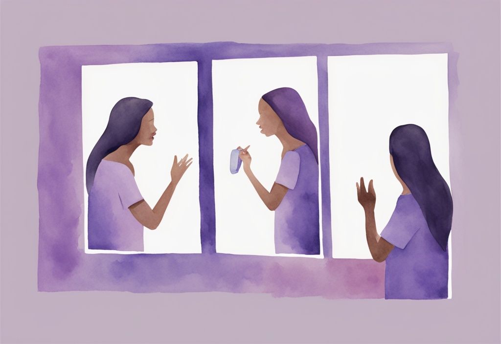 Minimalistic watercolor illustration of a confident individual communicating with a self-obsessed person reflected in a mirror, lavender color theme.