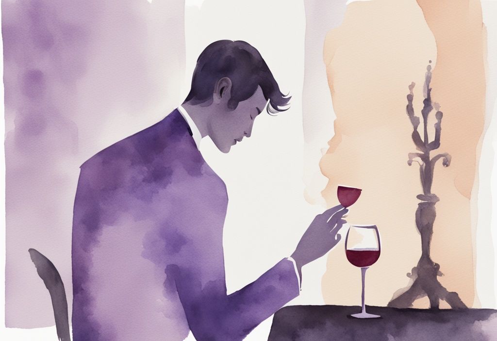 Minimalistic lavender watercolor illustration of an elegant alcoholic narcissist gazing into a mirror with a glass of wine in hand.