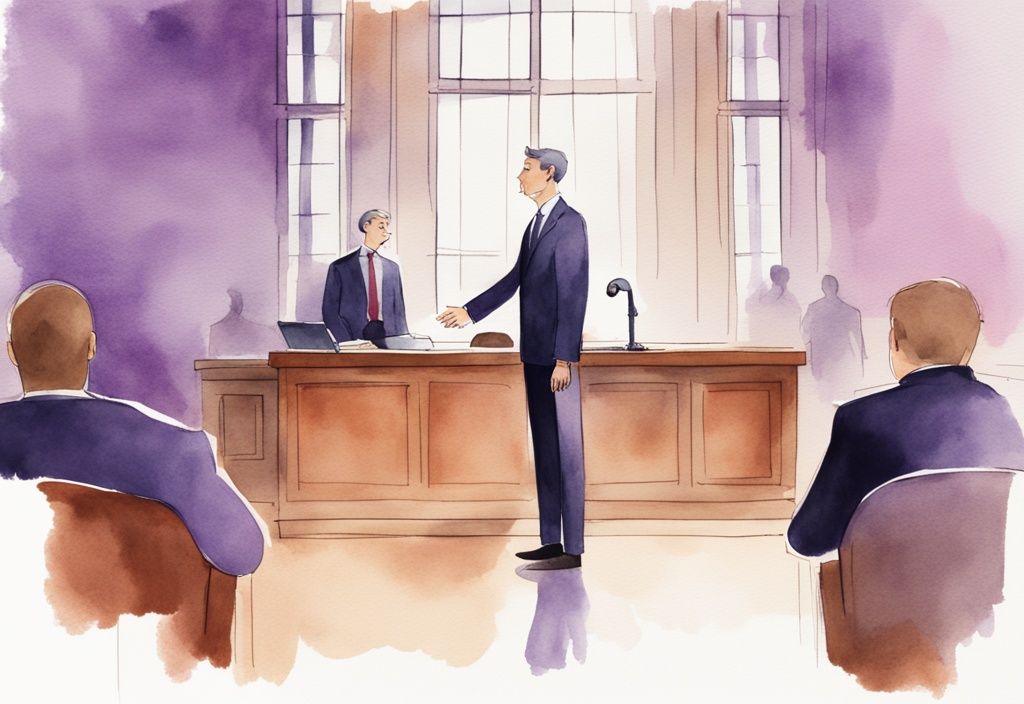 Minimalistic watercolor illustration of a confident lawyer outwitting a narcissistic individual in court, how to beat a narcissist in court.