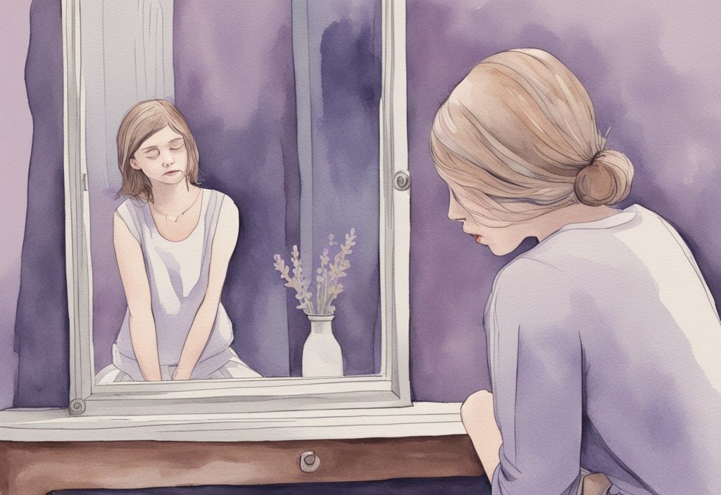 Minimalistic lavender watercolor illustration of a woman gazing at her reflection in a mirror, ignoring her distressed sibling in the background.