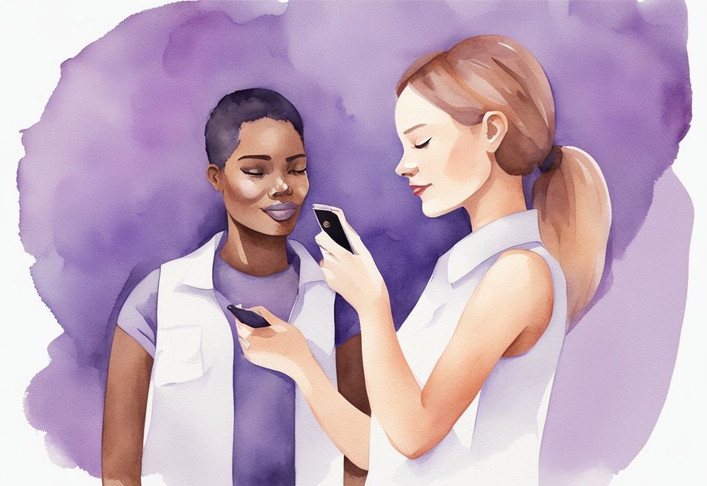 Minimalistic watercolor illustration of a confident woman with a manipulative aura, discreetly using her smartphone while talking to her unsuspecting partner, lavender color theme.