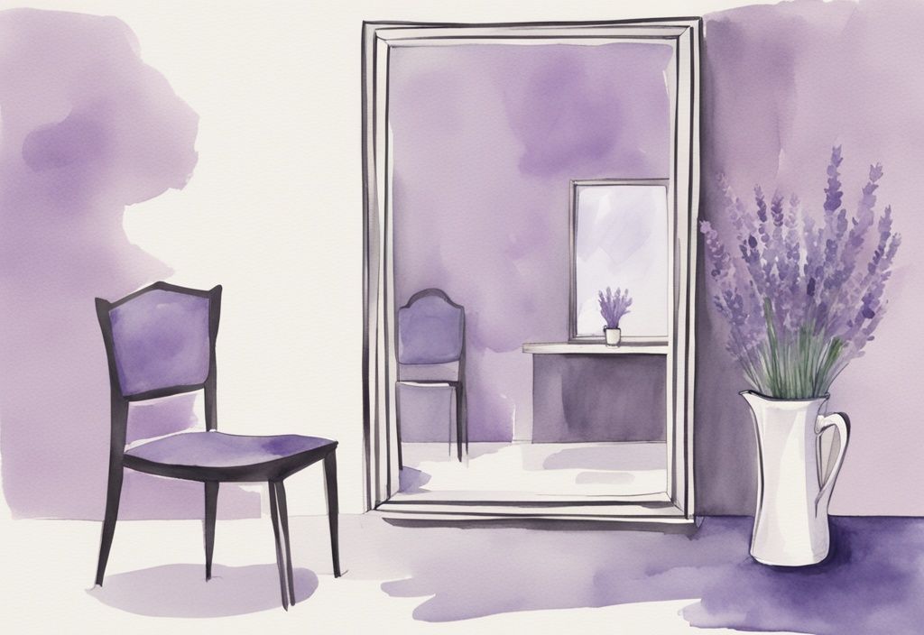 Minimalistic lavender watercolor illustration of a confident figure in a large mirror with the DSM-5 manual on a nearby table