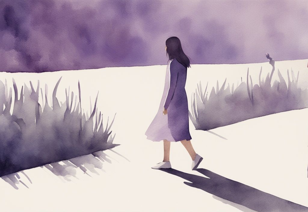 Minimalistic watercolor illustration of a young adult stepping out of a codependent mother's shadow towards a beam of light, symbolizing independence and self-growth, with a lavender color theme