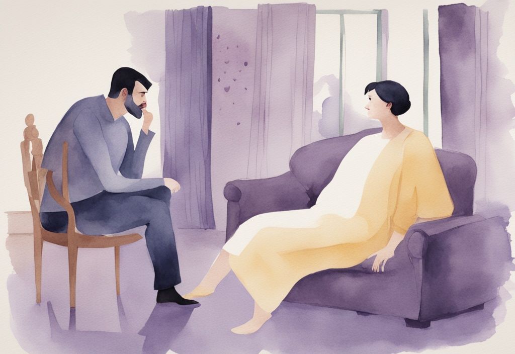 Minimalistic watercolor illustration depicting a tense domestic scene with an emotionally drained individual and a dominating narcissistic partner, highlighting the struggles of living with a narcissist when leaving is not an option.