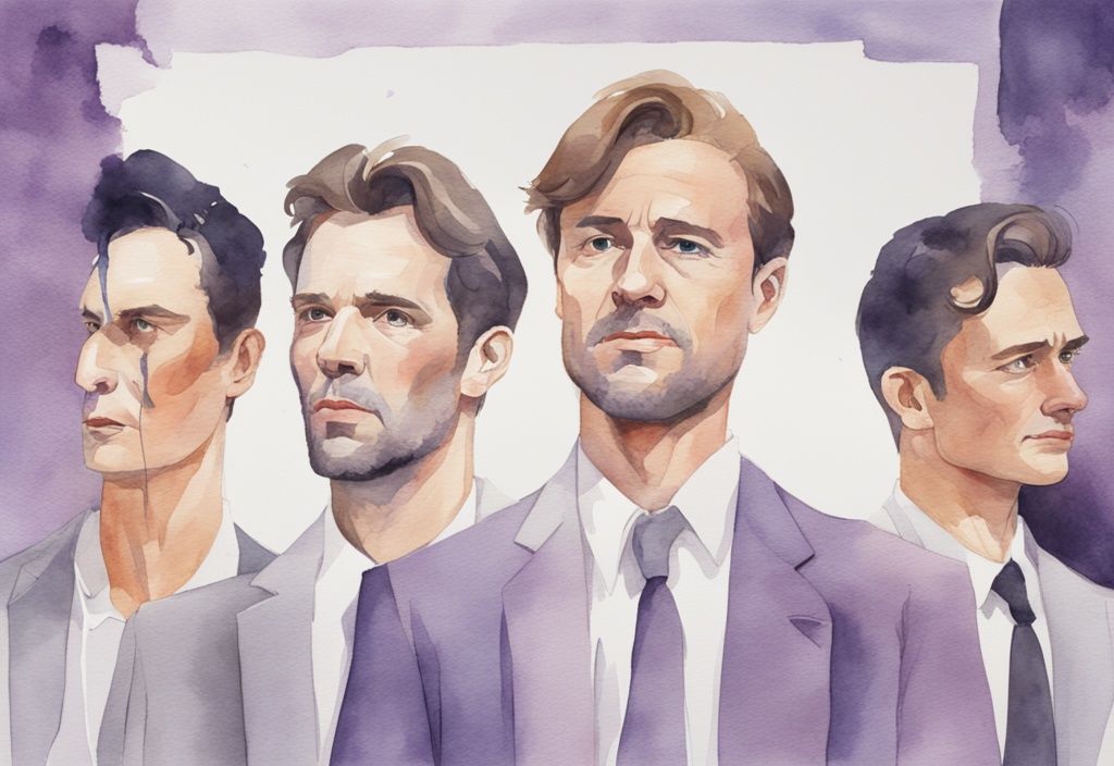 Minimalistic watercolor illustration of celebrities with narcissistic personality disorder in lavender, basking in attention and jostling for position in front of a mirrored backdrop.