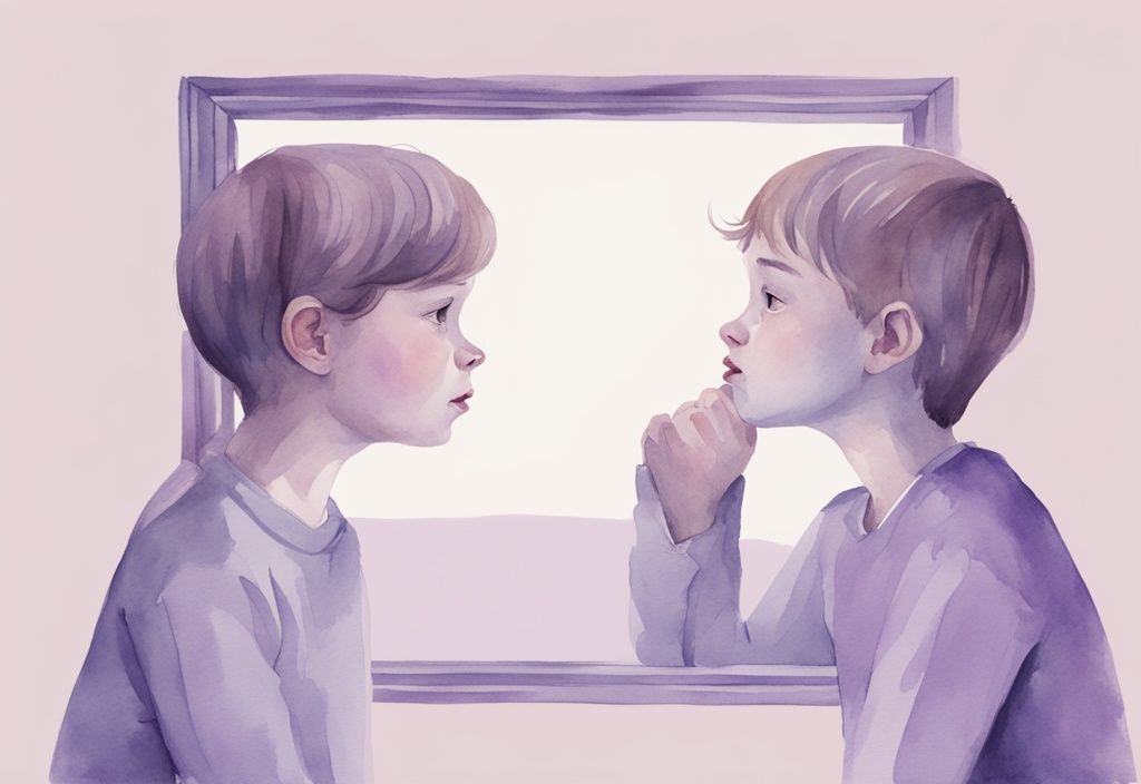 Minimalistic lavender watercolor illustration of a narcissist sibling admiring themselves in a mirror while the other sibling looks exhausted or frustrated.