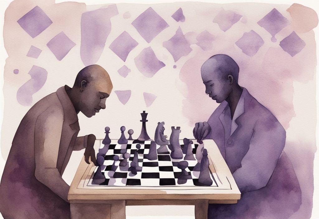 Minimalistic lavender watercolor illustration of a chessboard with a smug player making a move, featuring 14 chess pieces engraved with manipulation symbols