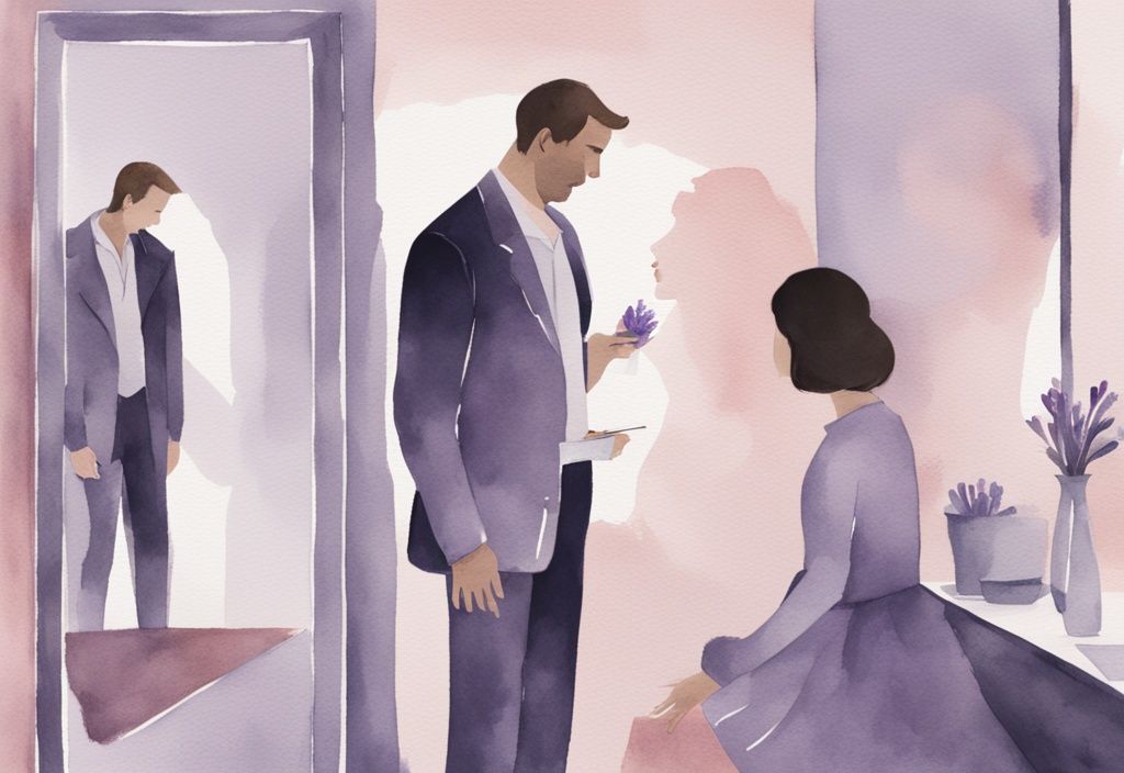 Minimalistic lavender watercolor illustration of a man gazing at his reflection in a mirror, ignoring a woman reaching out in the background.