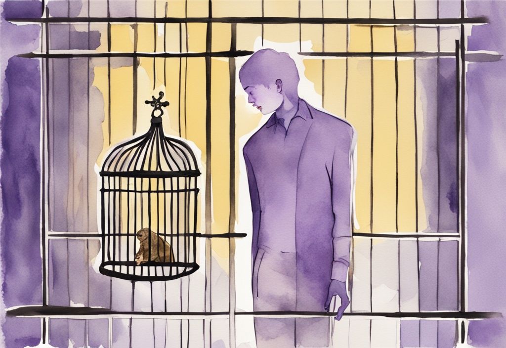 Minimalistic watercolor illustration of a person in a gilded cage with a narcissistic figure holding the key in a lavender color theme.