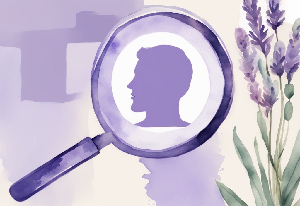 Minimalistic watercolor illustration of a magnifying glass over a social media profile with self-promoting posts and excessive selfies, depicting how to spot a narcissist on social media.