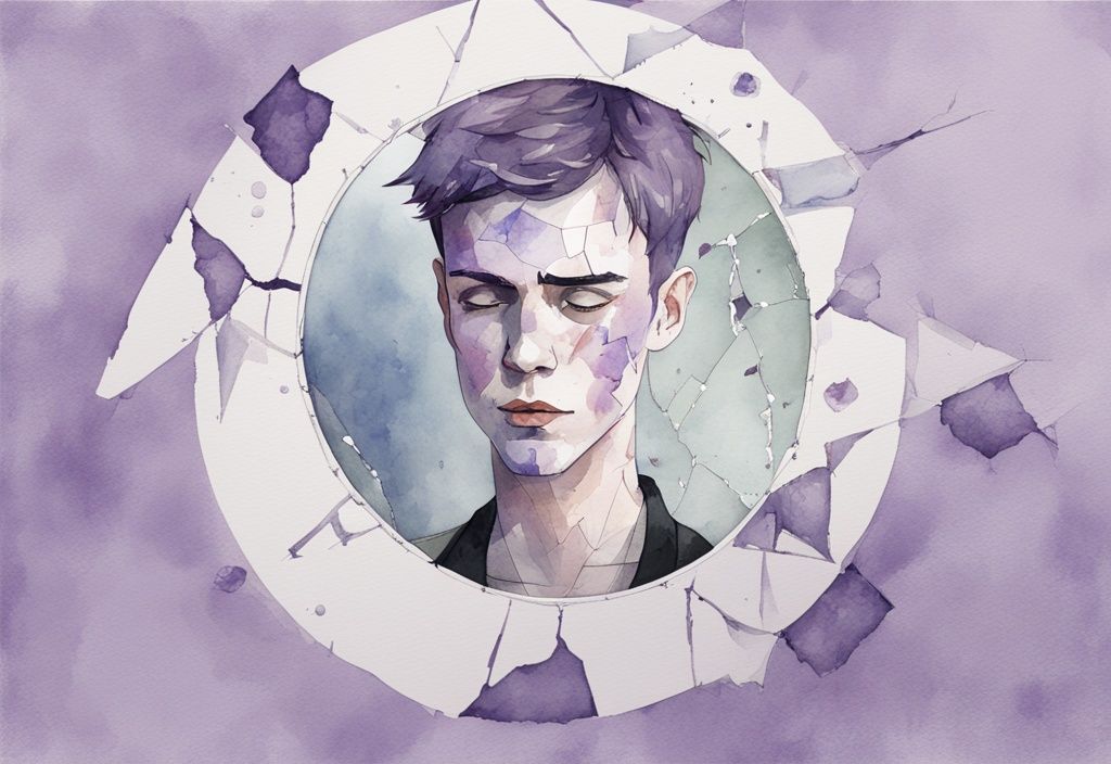 Minimalistic lavender watercolor illustration of a large cracked mirror reflecting a smirking individual with toxic narcissist quotes in shards.